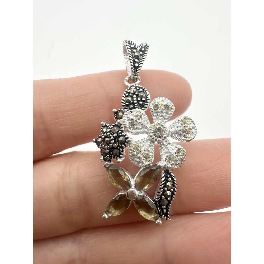 Silver Plated Marcasite Rhinestone Flower Pendant